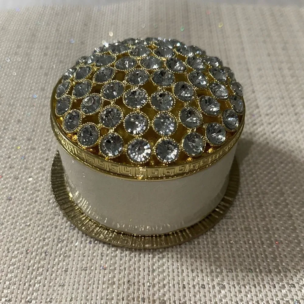 Ceramic Ivory Round Small Jeweled Rhinestone Gold Tone Keepsake Jewelry Box